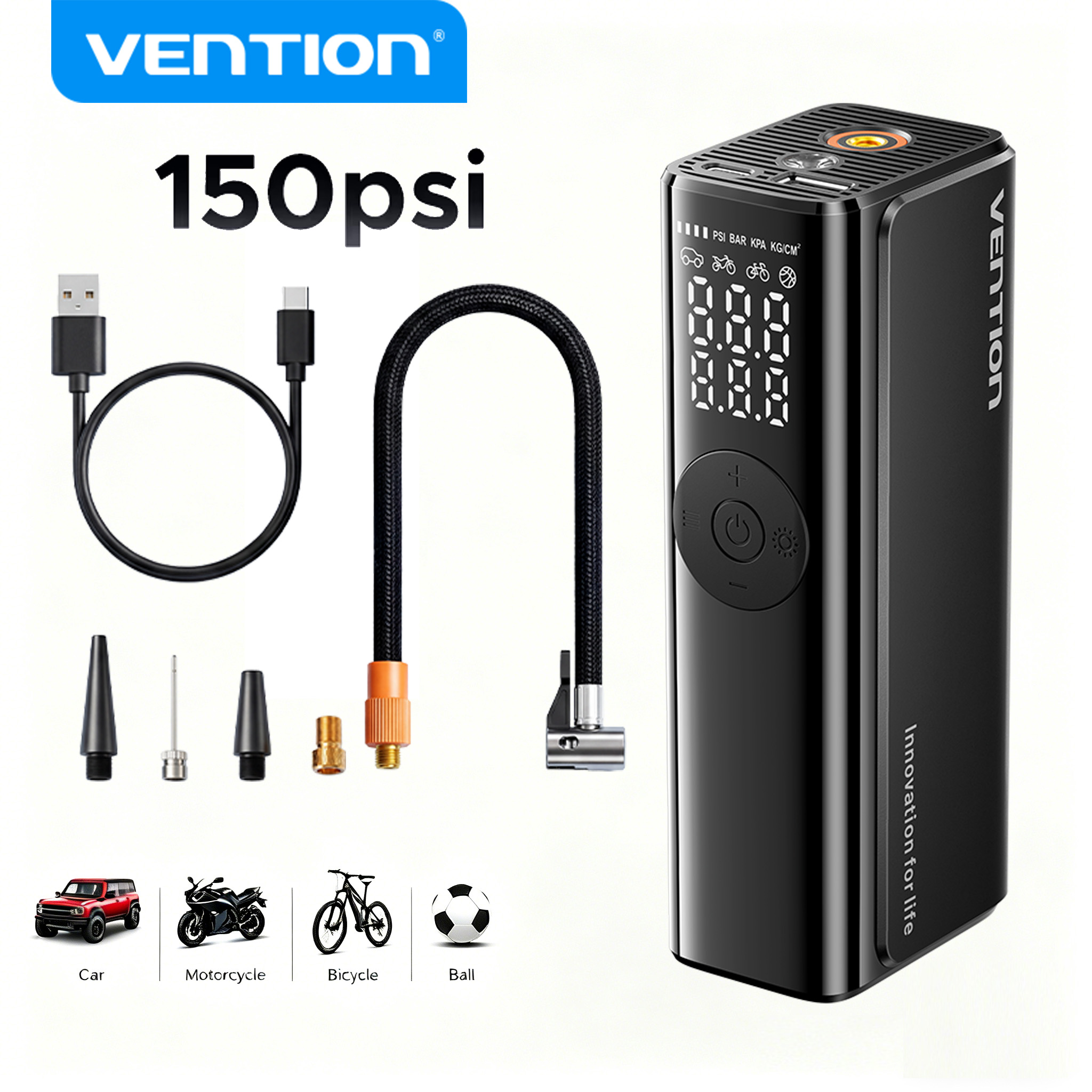 Car Portable Tire Inflator - Vention 車用エアポンプ 5200Mah ポータブルエアコンプレッサー 車、バイク、自転車用電動タイヤインフレーター LCDデジタルディスプレイ付き