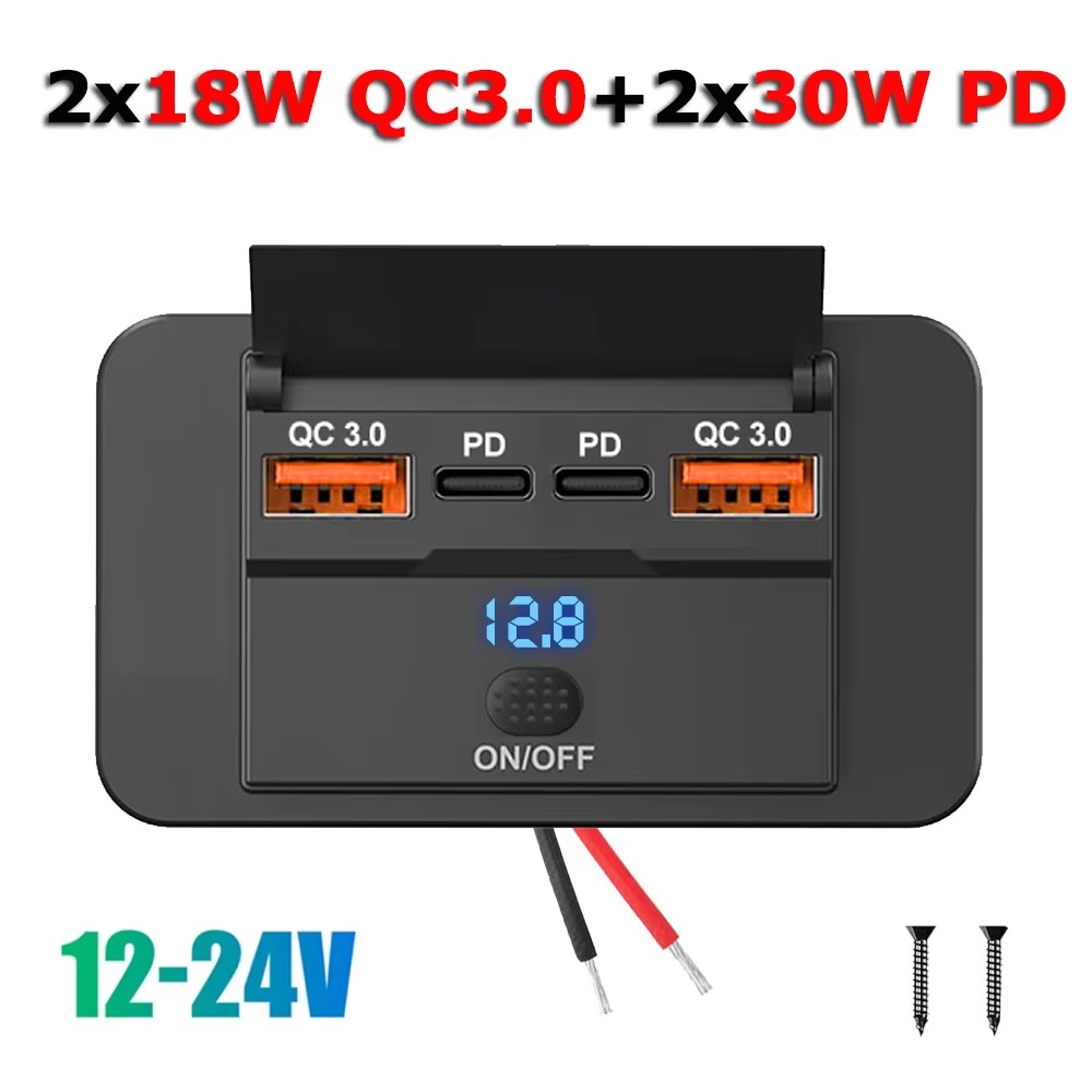 Car Accessories Thailand - デュアルUSB急速充電器,タイプC,QC 3.0,96W,プラグ付き,バス用4ポート電源パネル,12-24V,車,トラック,船舶用