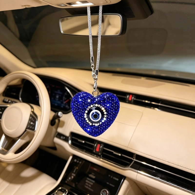 Car Accessories Evil Eye - 車のペンダント、創造的なダイヤモンドがちりばめられた邪視のハート型フルドリル装飾品、車のバックミラー、バッグ、インテリアデコレーション用