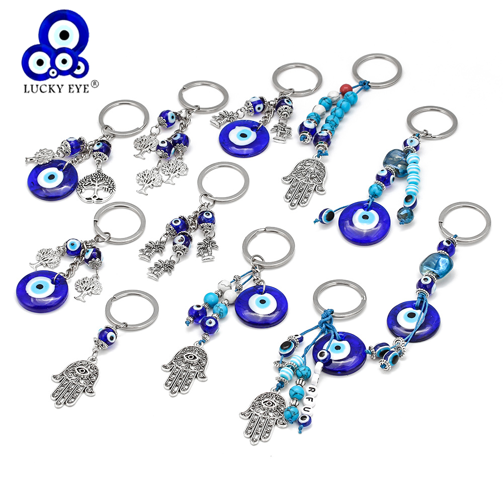 Car Accessories Evil Eye - ラッキーアイツリーファティマハムサハンド邪眼ペンダントキーホルダーシルバーカラーリングキーチェーン車のキーリング女性男性ジュエリー BE29