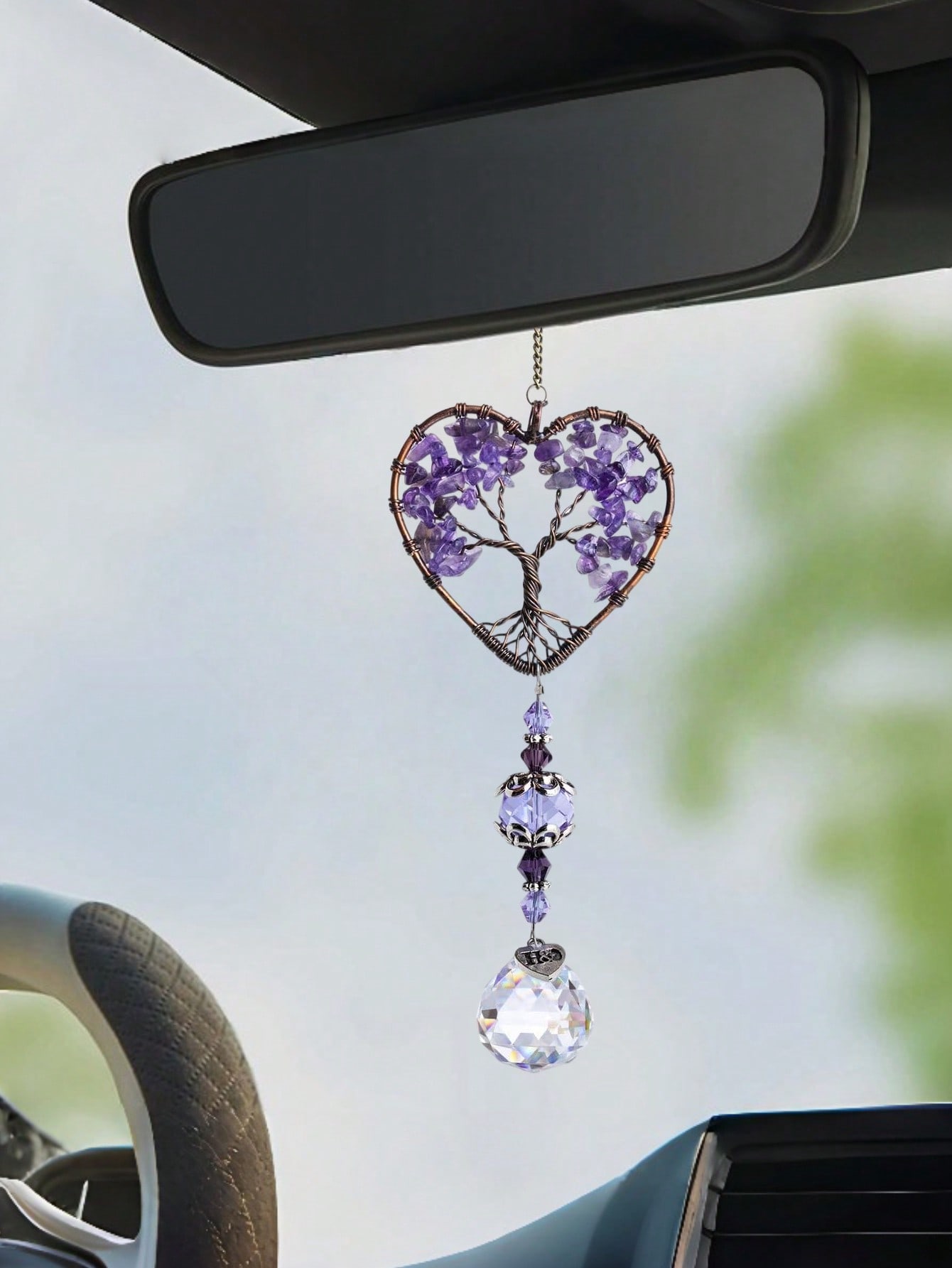 Car Accessories Evil Eye - ハートアメジスト生命の樹カーオーナメント | 天然水晶ペンダント、多面カットのサンキャッチャー（バックミラー用）