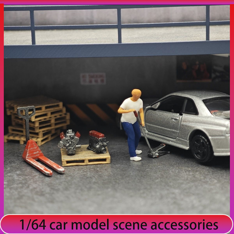 Car Accessories Decoration - 1:64 車模型修理工場シーン装飾、ジャッキ、ミニフィギュア、エンジン改造アクセサリー