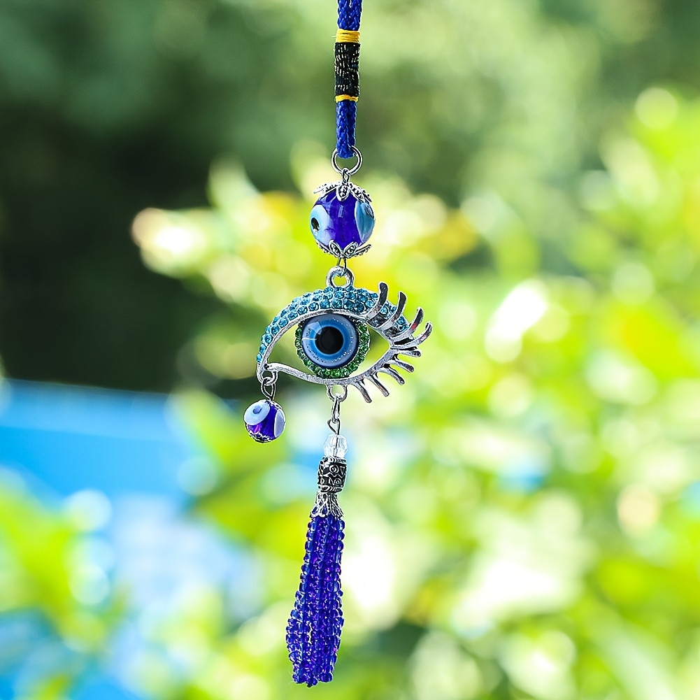 Car Accessories Evil Eye - 1個の青い魅惑的な目玉タッセルカーペンダント、長いまつげ付き、悪魔の目車内装飾、ファッショナブルなバッグアクセサリー
