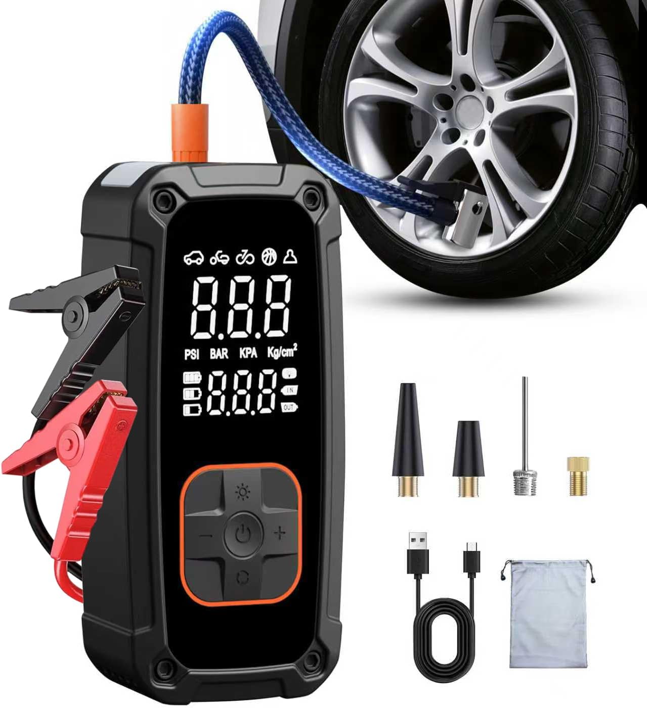 Car Portable Tire Inflator - ポータブルエアコンプレッサータイヤインフレータ - 150PSI高速空気入れポンプ、LEDライトとタイヤ空気圧計付き、自動停止機能搭載、車、バイク、自転車、ボール用