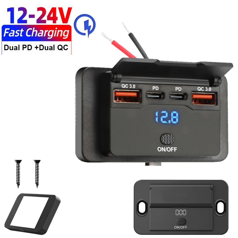 Car Accessories Thailand - 4ポート12/24V USB Cコンセントパネル壁掛け式車載充電ソケット、ボタンスイッチ付き防水カーアクセサリー（バス、RV、トラック用）