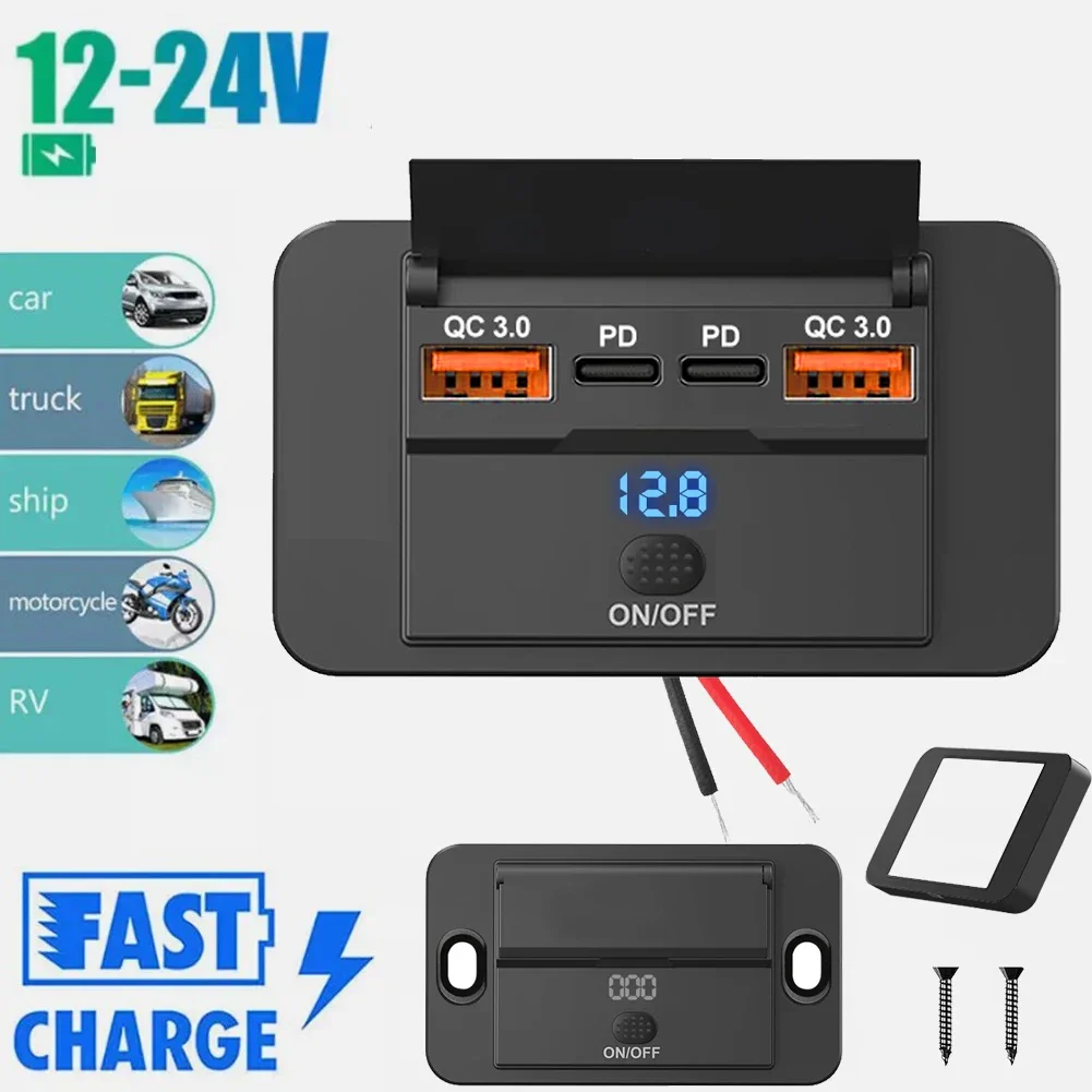 Car Accessories Thailand - スイッチ付きカーチャージャーソケットアダプター、2-4ポート充電スプリッター、バス、RV、ATV、トラック、ボート用コンセント、12V、24V、PD、QC3.0対応