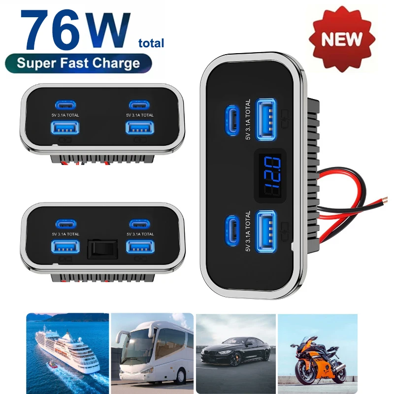 Car Accessories Thailand - 12V-24V 4ポート デュアルUSB PD3.0 QC3.0 コンセント